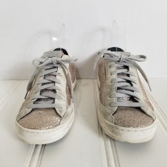 P448 John W Sneakers Leather Glitter Low-Top Calf Hair Trainers Womens Size 7 - Picture 2 of 15